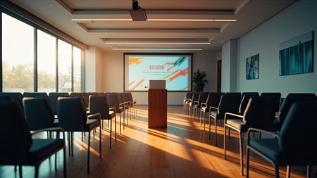 An empty, modern conference room is prepared for a corporate presentation or seminar. The spacious interior features rows of comfortable chairs, a wooden floor, and ample natural light streaming through a large window. A projector screen awaits content, while a wooden podium stands ready on a small stage. This versatile image of an empty presentation room is perfect for illustrating business, education, or training events.の素材