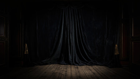 A dramatic stage, draped with luxurious black velvet curtains and featuring a polished wooden floor, awaits a captivating performance. The elegant and empty proscenium stage, with its rich textures and potential for spotlighting, creates a sophisticated backdrop. Ideal for use as a background in theater, cinema, or event production, this image evokes a sense of grand entertainment and classic drama. It's perfect for presentations, showcasing designs, or illustrating concepts of luxury and premium theatrical experiences.の素材