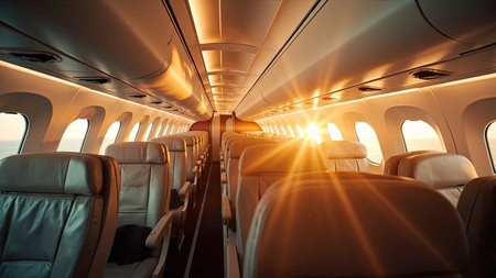Bathed in warm, golden sunlight, an empty airplane cabin interior offers a serene glimpse of air travel during either a stunning sunrise or sunset. This wide-angle perspective showcases rows of passenger seats, emphasizing the aircraft's clean, modern design. Ideal for illustrating themes of travel, business, or vacation, this image evokes feelings of luxurious comfort and exciting destinations. The image is perfect for travel agencies, commercial projects, or anyone seeking to capture the beauty of aviation and the allure of a journey.の素材