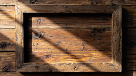 A weathered wooden frame casts a warm shadow against a textured, rustic wood background, illuminated by natural sunlight. The vintage appeal of the aged wood and visible grain creates an inviting aesthetic. This image provides an empty space within a square frame, perfect for showcasing art, photography, or home decor elements. Ideal for graphic design, branding, or creating a simple yet sophisticated visual template. The rough surface and detailed craftmanship add character to any project.の素材