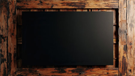 A blank black chalkboard sits within a weathered, rustic wooden frame, offering a striking contrast of textures. This blackboard's empty surface provides ample space for custom design elements, messages, or announcements. The vintage aesthetic and rough wood grain create a compelling visual, perfect for marketing materials, business presentations, or creative mockups. Its dark and grunge background adds a sense of history and depth. Use this template to highlight your message.の素材