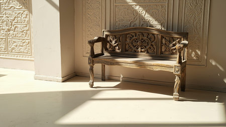 Experience the timeless elegance of this beautifully crafted, ornate wooden bench. The carved, detailed design of this antique piece creates a captivating focal point within a sunny, elegant interior. Bathed in sunlight and shadows, the bench offers a sense of calm and tranquility. Ideal for projects related to interior design, architecture, vintage themes, or as a stunning background for creative layouts, this image evokes a feeling of relaxing wellbeing within a naturally warm space.の素材