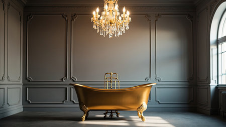 Indulge in the epitome of luxury with this stunning image showcasing a gold bathtub in a sophisticated bathroom setting. A dazzling crystal chandelier illuminates the space, enhancing the elegant and classic design. This premium photograph captures a vintage and antique feel, perfect for conveying spa, relaxation, and wellness. Ideal for interior design projects, lifestyle blogs, or any creative endeavor seeking to convey luxury, glamour, and sophistication.の素材