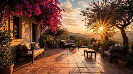 Experience the epitome of luxury with this stunning image of a sun-drenched outdoor terrace at sunset. Lush bougainvillea spills over the balcony, framing a breathtaking landscape view of majestic mountains. Comfortable seating, including a plush sofa, invites relaxation during the golden hour. This image captures the essence of a mediterranean villa and is perfect for travel, vacation, or lifestyle content showcasing luxury homes, patios, and outdoor living. The bright and serene ambiance evokes a sense of peaceful tranquility.の素材