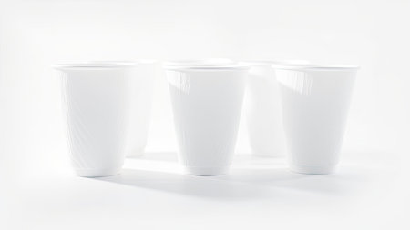 A close-up studio shot presents a group of pristine, empty, white, disposable plastic cups arranged against a bright, clean white background. The translucent nature of the drinkware is emphasized in this side view, highlighting its smooth surfaces. This image embodies minimalism and simple design, making it perfect for visual concepts of refreshment, parties, picnics, catering, or restaurant services. Itの素材