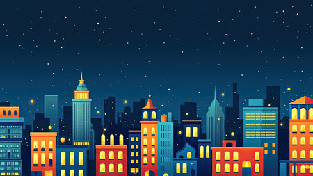 Explore a vibrant, stylized cityscape at night, showcasing illuminated buildings under a starry midnight sky. This stunning illustration features a modern skyline with colorful lights, perfect for design projects. The abstract, flat graphic style evokes a sense of urban dream and creative fantasy. Ideal for travel, tourism, and architectural themes, this image provides a unique backdrop for websites, presentations, or any creative endeavor.の素材