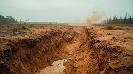An eroded landscape displays the devastating effects of soil erosion. Muddy water flows across barren land, a stark image of environmental damage under an overcast sky. This photograph captures the impact of drought and climate change, highlighting the degradation of the earth. The image illustrates environmental issues related to agriculture and deforestation. This striking visual is ideal for educational materials, environmental reports, and publications focusing on ecology, conservation, and the effects of global warming.の素材