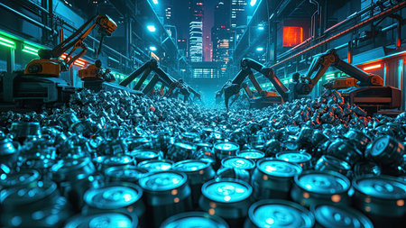 Futuristic industrial cityscapes showcase automated robotic arms efficiently processing waste cans. This dynamic image highlights advanced waste management through automation and AI. The industrial factory setting, bathed in neon blue light, evokes a cyberpunk and sci-fi aesthetic. This impactful image is ideal for illustrating concepts like recycling, renewable energy, pollution solutions, and the evolution of technology within urban environments. It is a powerful visual for promoting innovative approaches to waste disposal and resource management.の素材