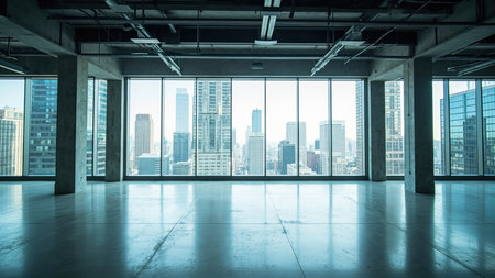 An expansive, empty office space showcases a stunning city view backdrop, blending modern architectural design with urban sophistication. The interior features contemporary elements like a clean concrete floor and expansive glass windows, maximizing light and space. The perspective emphasizes the open space and minimal aesthetic, ideal for showcasing business concepts, commercial real estate, or property development. The reflection on the glass adds depth to the day scene, which is entirely empty of people, making it suitable for versatile use.の素材