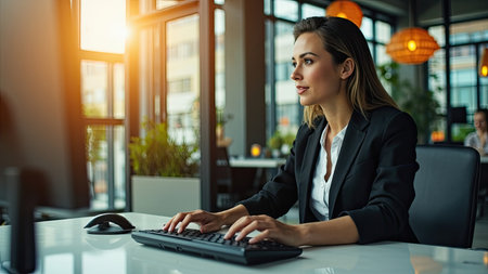 A stylish businesswoman is deeply focused while working on a computer at her office desk. Bathed in warm sunlight streaming through a large window, she appears serious and thinking. This image showcases a modern professional in a corporate career setting, ideal for illustrating business articles, workplace themes, productivity concepts, and entrepreneurial success. This image would be perfect to represent an executive and her business ideals.の素材
