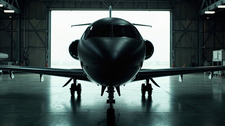 A sleek, matte black private jet sits inside a vast hangar, poised for takeoff. This airplane, a symbol of luxury and modern air travel, is captured in a detailed perspective shot. The black aircraft showcases an elegant silhouette, highlighting its sleek design. Perfect for illustrating business jet services, corporate jet options, or the world of wealthy individuals, this image embodies professional aviation and transportation. Ideal for showcasing industry advancements or promoting flight experiences.の素材
