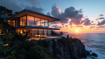 Experience breathtaking beauty with this image of a luxurious modern villa perched dramatically on a cliffside, offering unparalleled panoramic ocean views. Captured during a vibrant sunset, the sky ablaze with color, this stunning coastal home showcases exceptional design and contemporary architecture. Perfect for real estate marketing, travel promotions, or illustrating the dream of a vacation destination, this image highlights the ultimate in luxury living with a captivating exterior and breathtaking scenic landscape.の素材