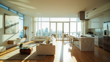 Experience modern urban living in this stunning image of a luxury apartment with a breathtaking city view. The open floor plan seamlessly integrates a sleek kitchen, dining area, and living room, boasting a contemporary design with minimalist flair. Natural sunlight floods the spacious interior, highlighting the elegant furniture, wood floor, and exquisite marble accents. Ideal for illustrating high-end property listings, interior design concepts, and aspirational lifestyle content.の素材