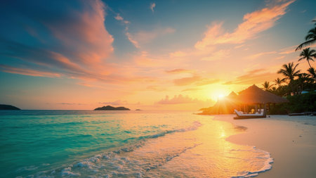 Witness a breathtaking sunset painting the tropical beach with vibrant hues. The sky explodes with color, reflecting in the turquoise waters that gently lap the shore. Towering palm trees frame the idyllic paradise scene, perfect for vacation memories. Captured during the golden hour, the image evokes feelings of serene relaxation and peaceful escape. Ideal for travel brochures, websites showcasing beautiful destinations, or marketing materials promoting holiday getaways to tropical islands.の素材