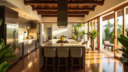 Experience the epitome of modern luxury with this stunning kitchen interior. Featuring an expansive island with seating, this design showcases sleek stainless steel appliances, a minimalist aesthetic, and natural light pouring in through large glass doors. The open-concept layout, complemented by wood beams and elegant finishes, offers a bright, spacious environment ideal for residential, living, or dining spaces. Perfect for architectural visualization, home design projects, or real estate marketing materials.の素材