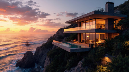 Experience coastal luxury at its finest with this stunning photograph of a modern cliffside house. Illuminated by the warm hues of a breathtaking sunset, the architectural marvel boasts an infinity pool that seemingly merges with the vast ocean. This image captures the essence of a dream vacation, perfect for showcasing real estate, promoting travel destinations, or enhancing design portfolios. Featuring expansive glass windows, contemporary design, and a scenic landscape, this villa epitomizes modern residential living and offers a beautiful ocean view.の素材