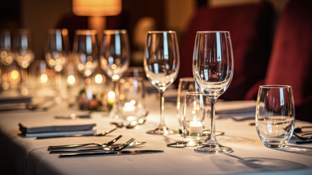 Set the mood with this elegant table setting perfect for a romantic dinner. This close-up showcases a beautifully arranged display of wine glasses, flickering candles, and gleaming silverware atop a pristine white tablecloth. The scene evokes a sense of luxury and refinement, ideal for fine dining, a celebration, or a special date night. Soft lighting and subtle bokeh create a warm, cozy atmosphere. This image is perfect for use in restaurant marketing, event planning, or illustrating articles on elegant living.の素材