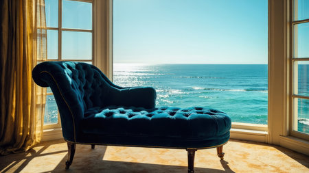 Indulge in coastal luxury with this stunning image featuring a plush, blue velvet chaise lounge. Bathed in bright sunlight, the tufted furniture offers unparalleled comfort and an exquisite ocean view through a large window. Perfect for showcasing elegant interior design, this serene scene embodies relaxation and the ultimate leisure lifestyle. Ideal for vacation or travel-themed projects, this image will elevate your designs with a touch of sophisticated coastal charm.の素材