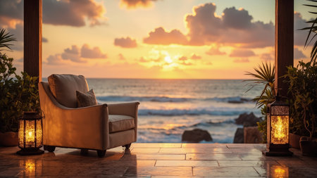Experience the ultimate relaxation on a cozy beachfront patio as the sunset paints the ocean in hues of gold. This image captures a serene and tranquil scene featuring a comfortable armchair and ambient lighting from lanterns and candles. Ideal for illustrating luxury vacation promotions, travel brochures, or coastal lifestyle content, this scenic view of a beach getaway evokes feelings of peaceful leisure and romantic evenings by the seaside. Enjoy the golden hour with this visually stunning depiction.の素材