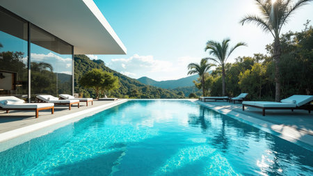 Escape to a luxurious modern villa boasting an exquisite infinity pool and breathtaking mountain vistas. This stunning image showcases a private resort experience, perfect for vacation or holiday inspiration. Capture the essence of luxury living with this scenic composition, featuring a sparkling swimming pool, palm trees, and comfortable loungers under the sunny summer sky. This image is ideal for travel brochures, architectural websites, or any project seeking a tranquil and serene atmosphere.の素材