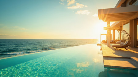 Experience ultimate luxury in this stunning coastal home, featuring an exquisite infinity pool that merges seamlessly with the vast ocean. Bathed in the warm glow of either a breathtaking sunset or sunrise, this modern villa offers unparalleled ocean views. Ideal for showcasing high-end vacation rentals, travel brochures, or architectural design projects, this image captures the essence of a tranquil and serene holiday escape. Visualize yourself in this dream-like setting, a perfect blend of contemporary architecture and natural beauty.の素材