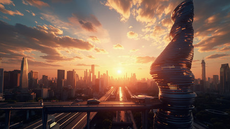 Behold a stunning futuristic cityscape bathed in the warm hues of a sunset. This breathtaking image showcases sleek, modern architecture intertwined with intricate highway infrastructure. Towering skyscrapers and buildings are silhouetted against a dramatic sky filled with vibrant clouds during golden hour. A mesmerizing aerial view presents a futuristic design of a sprawling metropolis, perfect for projects related to urban planning, transportation, or innovation. This rendered digital art piece is an ideal visual for illustrating development and contemporary themes.の素材
