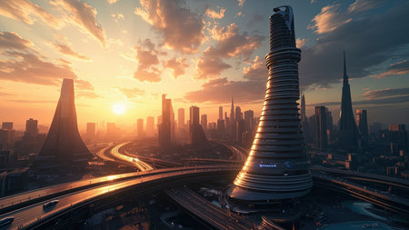 Witness a breathtaking futuristic city bathed in the warm hues of sunset. This stunning metropolis showcases cutting-edge architecture and intricate transportation networks. The skyline is filled with towering skyscrapers, integrated with advanced roads and highways. This evocative digital art render evokes a sense of wonder and limitless potential, representing the future of urban design and urban planning. Ideal for projects related to modern technology, travel, innovation, and futuristic design.の素材