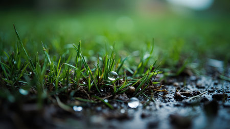 Capture the serene beauty of the natural world with this stunning close-up. Delicate raindrops cling to vibrant green grass blades, showcasing intricate macro details. The wet texture and sparkling dew create a sense of freshness and tranquility. This image highlights the environment with earthy tones, blurred bokeh and selective focus. Perfect for illustrating concepts of nature, growth, or summer and spring landscapes, this image can enhance projects related to outdoors, beauty, and wellness.の素材