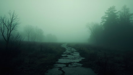 Navigate an eerie pathway through a dense, foggy forest in this evocative landscape. A thick mist cloaks the trees and ground, creating a monochromatic and moody scene. The path leads into the unknown, evoking feelings of solitude and mystery. This atmospheric image is perfect for illustrating concepts of exploration, adventure, or desolation. It's ideal for editorial content, book covers, or any project seeking a spooky, eerie, or surreal aesthetic.の素材