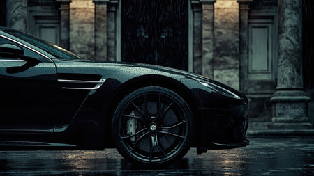 A sleek, black sports car cruises on a wet asphalt road during a dramatic rainstorm. The luxury vehicle, with its stylish design and premium features, is captured in front of elegant architecture, its front wheel and rims reflecting the city lights. This cinematic shot captures a moody atmosphere with details of raindrops and water droplets on the car's exterior. Perfect for automotive and lifestyle projects, this image highlights travel, driving, and the beauty of urban transportation.の素材