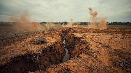 Witness the stark beauty and environmental impact of a deeply eroded landscape. This striking image captures a massive crack in the earth, with dust plumes billowing into the air against a backdrop of the dry, desert terrain. The erosion reveals the planet's vulnerability to climate change, drought, and potential earthquake activity. Ideal for illustrating climate crisis, global warming, geology, geologic studies, and articles highlighting destruction, damage, and hazard in our environment.の素材