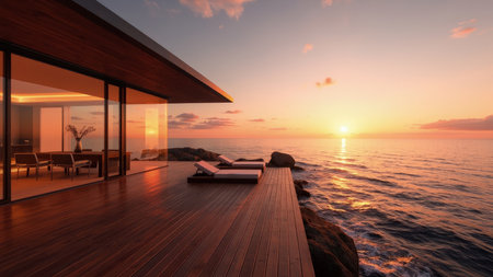 Experience the epitome of coastal living in this luxurious modern home exterior. The image captures a breathtaking ocean view at sunset, highlighting the serene and peaceful atmosphere perfect for vacation and relaxation. Featuring elegant architecture with wood decking, glass elements and comfortable lounge chairs on the deck, this contemporary design evokes idyllic leisure. This image is ideal for showcasing upscale real estate, travel destinations, or promoting a sense of elegant resort living.の素材