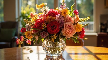 A stunning floral arrangement showcases a vibrant bouquet of fresh flowers in a crystal vase, resting on a rustic wooden table. Bathed in warm sunlight, the close-up captures the delicate beauty of red roses, orange lilies, yellow sunflowers, and pink blossoms. Perfect for enhancing home decor, interior design projects, or adding a touch of elegance to living or dining room settings. This still life image offers a bright and sunny ambiance, ideal for visual storytelling.の素材