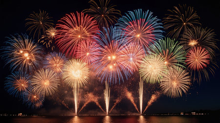 Witness a breathtaking fireworks display illuminating the night sky. Brilliant pyrotechnics explode over water, creating stunning reflections and vivid streaks of color. This colorful spectacle captures the essence of celebration, perfect for New Year's Eve, Fourth of July, or any festive occasion. Ideal for event promotions, holiday greetings, or adding a bright and vibrant touch to your designs, the image encapsulates freedom, joy, and pure entertainment. The explosion of orange, red, blue, yellow, and green hues creates a memorable spectacle.の素材