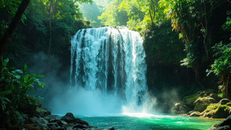 Witness the breathtaking beauty of a majestic waterfall as it powerfully cascades into a stunning turquoise pool. This vibrant landscape showcases the raw beauty of nature, with a lush jungle teeming with vibrant green vegetation surrounding the scene. Ideal for travel and tourism content, this scenic view evokes a sense of peace and tranquility. This image captures a pristine environment, perfect for illustrating articles about tropical destinations, highlighting the natural beauty found in a forest setting.の素材