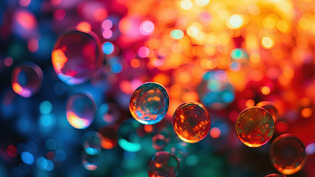 Experience a vibrant display of artistic flair in this abstract macro photograph. Circular forms create a mesmerizing play of light and shadow, showcasing stunning bokeh effects from refracted light. This image features a kaleidoscope of colorful circles and water drops, with a vibrant palette of orange, red, blue, and green. The macro lens captures incredible detail, revealing the transparent and shiny quality of the liquid. Perfect for backgrounds, designs, or adding a dreamy and festive touch to any project.の素材