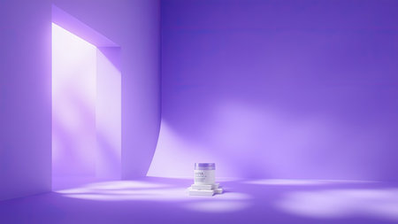 A modern and aesthetic product placement shot features a cosmetic cream jar mockup on a minimalist stage. Bathed in stylish lighting and shadows within a calming purple room, the elegant presentation highlights the beauty product's packaging. This image is perfect for advertising, branding, and commercial product shots. Utilize this clean and creative visual for skincare, wellness, and lifestyle content, showcasing your product in a sophisticated and desirable setting.の素材