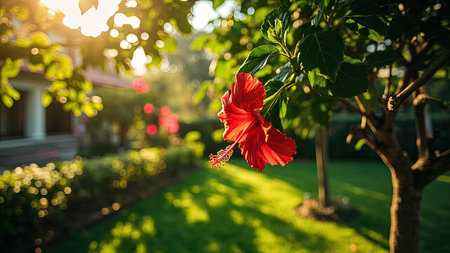 A stunning close-up showcases a vibrant red hibiscus flower in full bloom, basking in the warm golden hour sunlight. This image captures the delicate beauty of nature with a macro perspective highlighting intricate details of the red blossom. Lush green leaves and greenery in the garden create a serene background, enhanced by soft bokeh. Ideal for use in botanical illustrations, landscape photography, or adding a touch of fresh growth to residential spaces.の素材