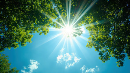 Bathed in sunlight, this breathtaking image captures the essence of summer. Sunbeams dramatically burst through a vibrant, green leaves canopy, set against a radiant blue sky during the daytime. The sunny outdoors environment offers an idyllic, serene scene, perfect for evoking feelings of peaceful nature and fresh growth. This beautiful landscape photography conveys a sense of renewal, ideal for projects needing a touch of vibrant natural beauty, such as travel blogs, environmental campaigns, or wellness materials.の素材