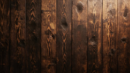 Explore the rich detail of this dark wood planks texture, a rustic wooden background perfect for design projects. The close-up captures the natural grain, knots, and weathered surface of aged hardwood, offering a vintage feel. This vertical panel, with its deep brown tones, provides a versatile backdrop for interior design, construction, and decorative applications. Its seamless pattern and natural texture create an ideal wallpaper or floor, adding a touch of timeless elegance and warmth.の素材
