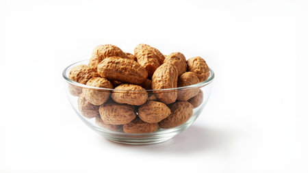 Indulge in this stunning close-up studio shot of a glass bowl overflowing with freshly roasted peanuts against a pristine white background. The image highlights the brown, roasted exterior and appealing texture of these delicious nuts. Perfect for illustrating healthy eating concepts, nutrition, or recipes featuring plant-based food and organic ingredients. This image is ideal for use in articles about appetizers, snacks, or highlighting the gourmet qualities of peanuts.の素材