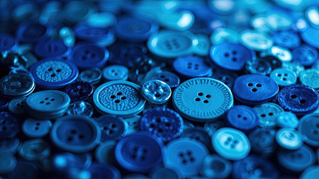 Dive into the intricate details of a macro photograph showcasing a captivating collection of blue buttons. This striking image features various shapes and sizes, ranging from navy to cyan, offering a rich tapestry of color and texture. Perfect for fashion blogs, craft projects, or adding a touch of vintage charm to design layouts, these handmade buttons present endless creative possibilities. Explore the beauty of small objects and the art of sewing with this visually stunning background pattern.の素材