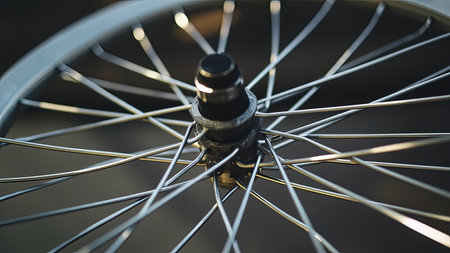 A striking close-up reveals intricate detail within a bicycle wheel. The image highlights the interplay of spokes and hub against a black background, showcasing the precision of engineering. Silver and chrome metal gleam with a reflective quality, emphasizing the modern design. This macro shot emphasizes the structure and pattern, perfect for projects related to cycling, sports, or transportation, while also appealing to design enthusiasts. Ideal for illustrating parts, mechanics, or an abstract concept.の素材