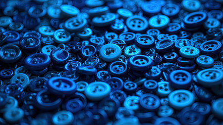 Explore a captivating close-up of assorted blue buttons, meticulously arranged to create a dense, artistic pattern. Varying shades of blue, from cyan to navy and teal, give depth to the texture of this unique background. Ideal for designs needing a touch of fashion or art, this image showcases the detail and creative potential of sewing and craft elements. Perfect for websites, blogs, or projects needing a visual representation of buttons or sewing accessories.の素材