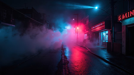 A captivating, cinematic image captures a mysterious alleyway bathed in vibrant neon lights amidst a heavy rain. The wet street reflects the colorful glow of red, blue, and pink hues, enhancing the cyberpunk atmosphere. Fog and smoke drift through the urban scene, creating a dark and moody environment, perfect for projects seeking a futuristic or retro feel, such as game design, album art, or illustrations. The mysterious night scene is a prime example of vaporwave and synthwave aesthetic.の素材