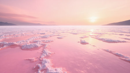 Witness a tranquil sunset painting the sky with pastel colors over a vibrant pink salt lake. This scenic landscape showcases textured shorelines reflecting the breathtaking sky and clouds. Distant mountains complete the beautiful vista, creating a serene and peaceful atmosphere. Perfect for travel and tourism promotions, this dreamy image captures a unique travel destination and the raw beauty of nature. The reflection on the water highlights the calm and tranquil environment.の素材