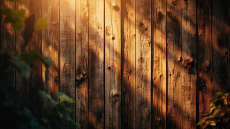 A close-up of a rustic wooden plank background showcases the rich wood grain texture beautifully illuminated by soft sunlight and gentle shadows. This natural and weathered wooden background features aged wooden boards creating a warm and inviting atmosphere. Perfect for a rustic backdrop in design projects, this texture is ideal for adding depth and character to websites, product displays, or any creative endeavor needing a touch of vintage charm. The image highlights brown timber with details that can be a focal point.の素材