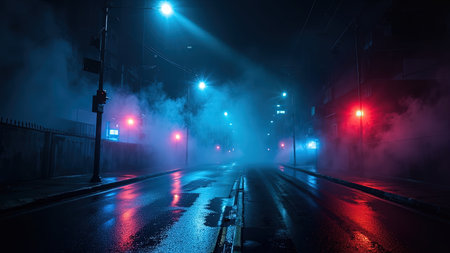 A moody, cinematic night scene captures an atmospheric city street bathed in the vibrant glow of neon lights. The lights of red, blue, and purple reflect off the wet asphalt, creating a stunning, reflective effect, enhanced by a layer of fog and mist. This urban environment, complete with buildings and streetlights, evokes a sense of mystery and noir. Perfect for backgrounds, wallpapers, or adding a dramatic touch to design projects, this image embodies a cyberpunk or dystopian aesthetic.の素材