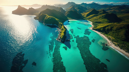 Experience the breathtaking beauty of a tropical paradise from an aerial view. This stunning landscape showcases vibrant turquoise waters, complemented by lush green mountains and pristine sandy beaches, all bathed in warm golden sunlight. The image captures an idyllic coastal scene, perfect for travel brochures, vacation promotions, or any project seeking to evoke the essence of summer. Explore the scenic natural environment of this exotic island destination and let your imagination run wild.の素材