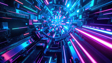 Experience the allure of a futuristic tunnel bathed in the radiant glow of neon lights. This abstract 3D rendering showcases a captivating radial pattern interwoven with blue, purple, and pink hues. The geometric design evokes a sense of digital exploration and speed, perfect for visualizing cyber themes, sci-fi concepts, and technology-driven projects. Ideal for illustrating communication, data stream presentations, and creating dynamic background visuals. Explore the vibrant energy of this mesmerizing interior structure.の素材